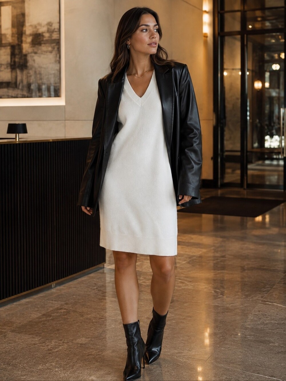 Wenrine NWT White V Neck Knit Sweater Tank Midi Dress L Quiet Luxury